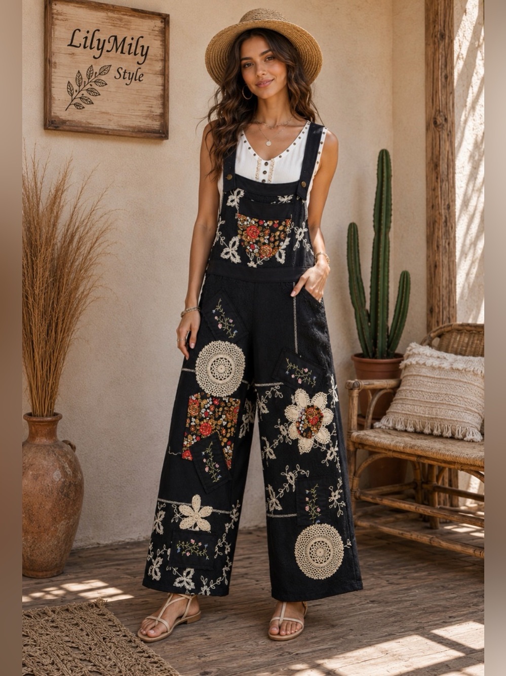 POL Patchwork Midnight Garden Overall Wide-Leg